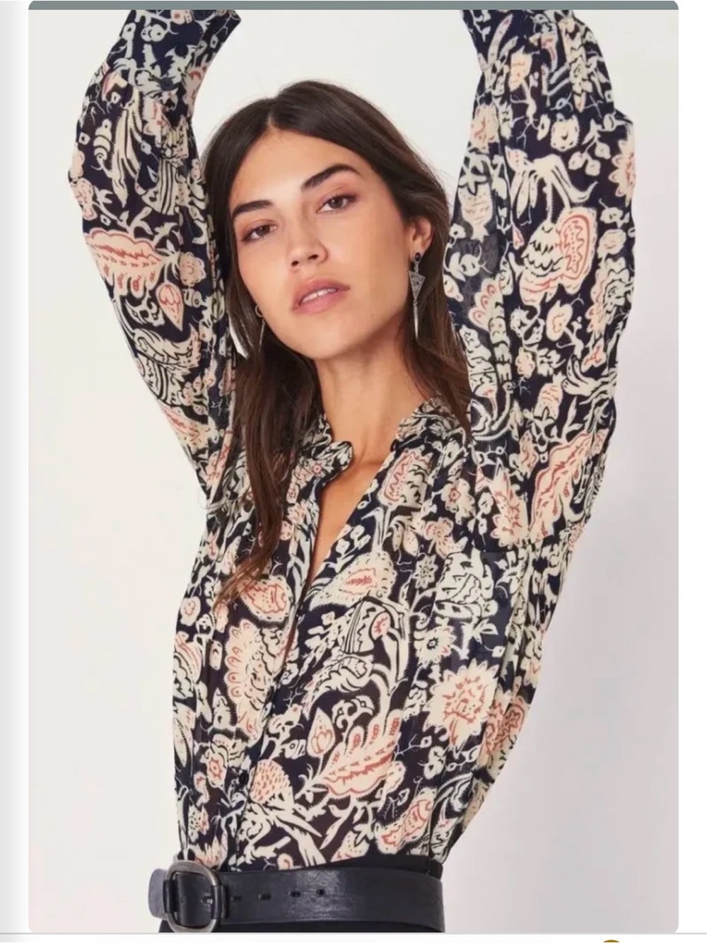 ba&sh Navy Floral Print Long Sleeve Blouse with Cream and Blush Motif